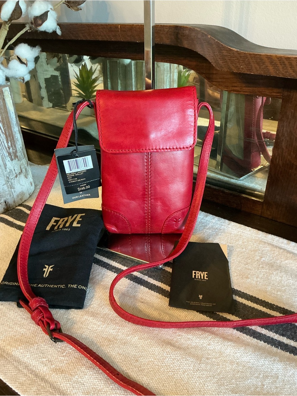 NWT Frye Melissa Red Leather Phone Lanyard Wallet Crossbody Retail $148